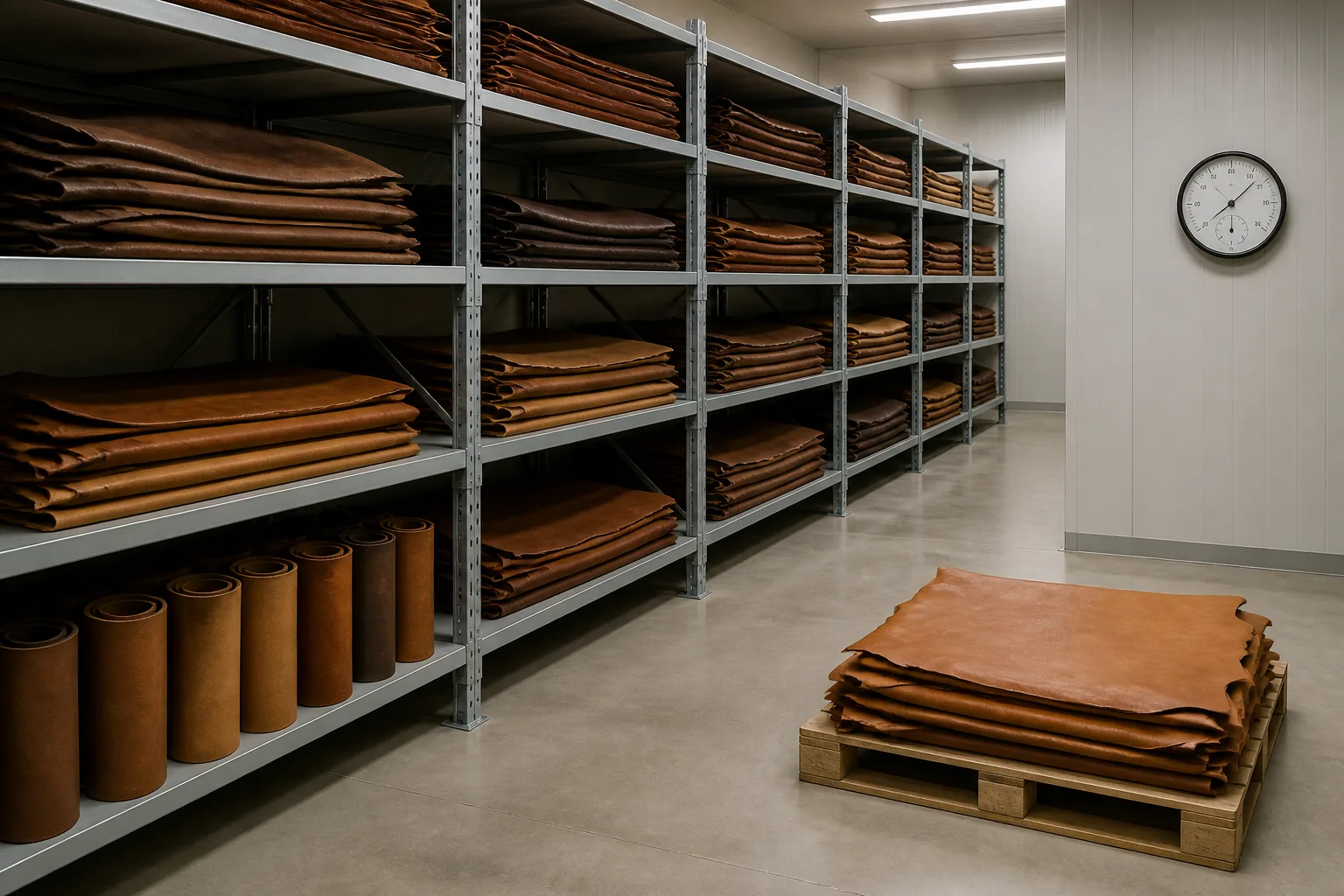 Leather hides stored flat on steel shelving in a climate-controlled room