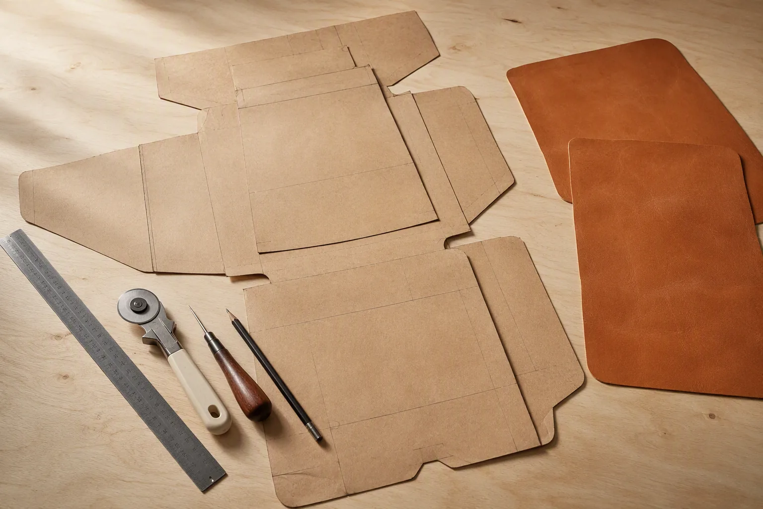 Paper bag patterns laid out on a sample room table with cutting tools and leather panels