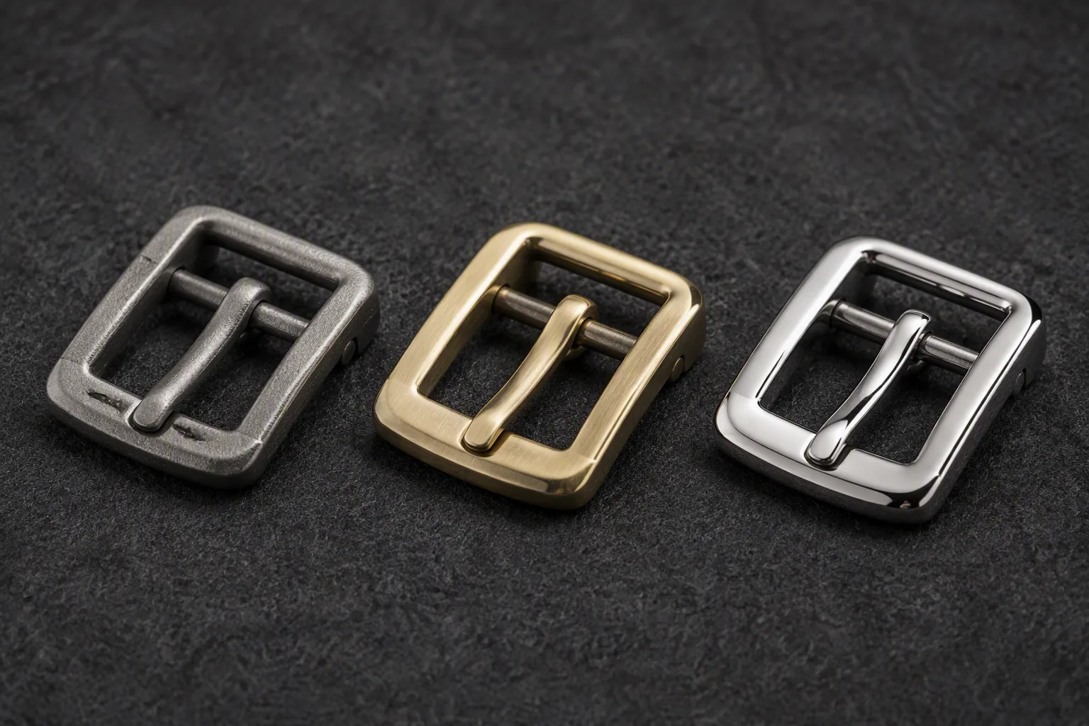 Three bag buckles in cast metal, solid brass and stainless steel shown side by side on dark felt