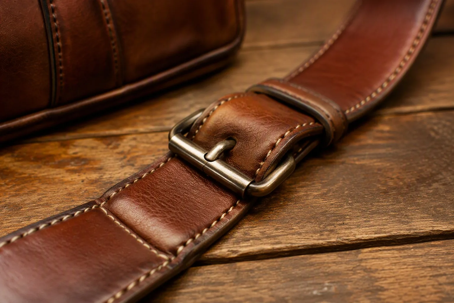 Close-up of a thick leather shoulder strap with strong stitching and a metal buckle