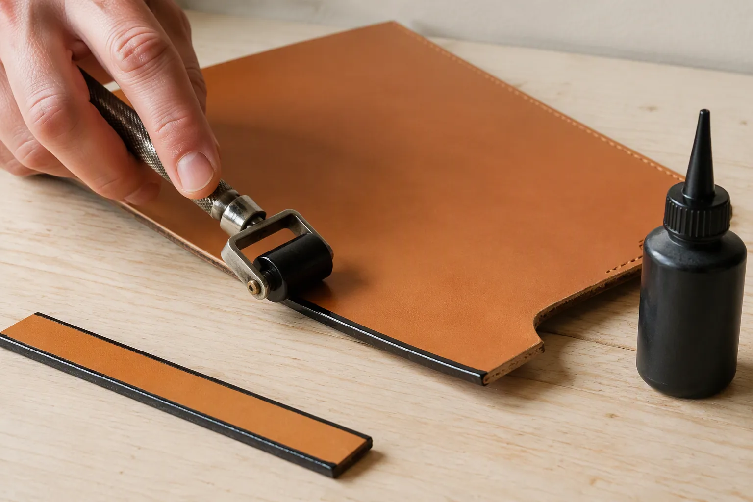 Applying edge paint along a cut leather edge with a small roller applicator