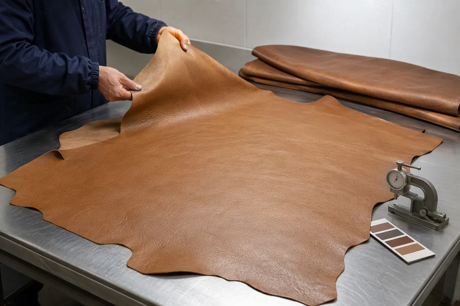 Inspecting a finished cowhide side at a tannery inspection table