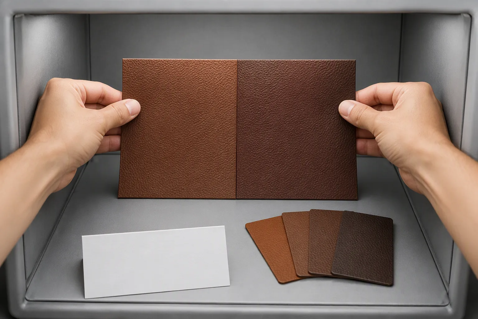 Comparing two leather panels of closely similar brown tones inside a light box