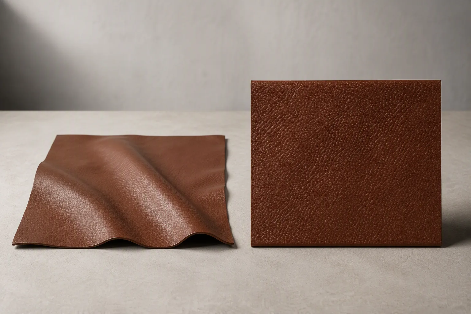 Two leather panels side by side, one draping softly and one standing rigid