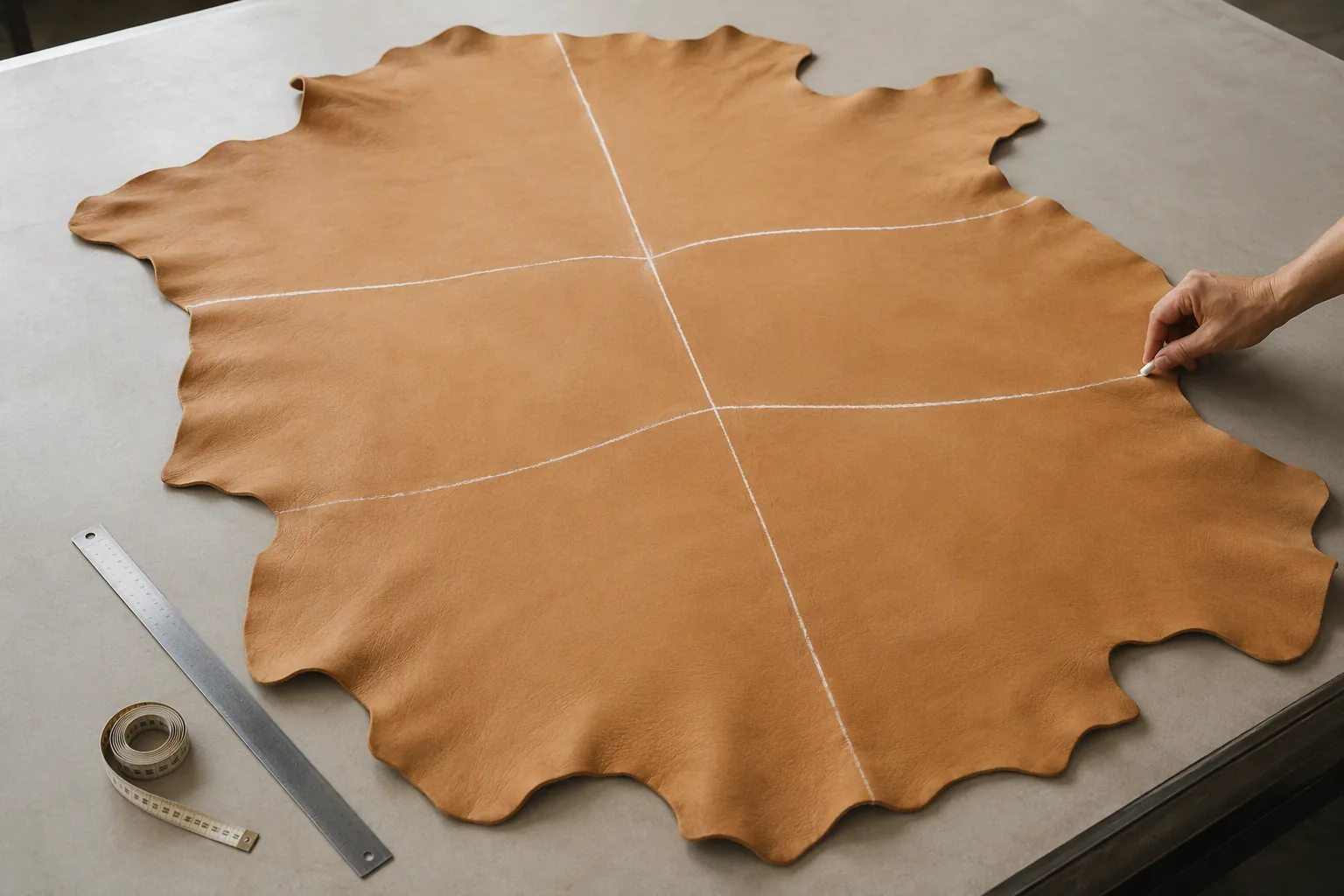 A finished cowhide spread on a table with chalk lines dividing its main areas