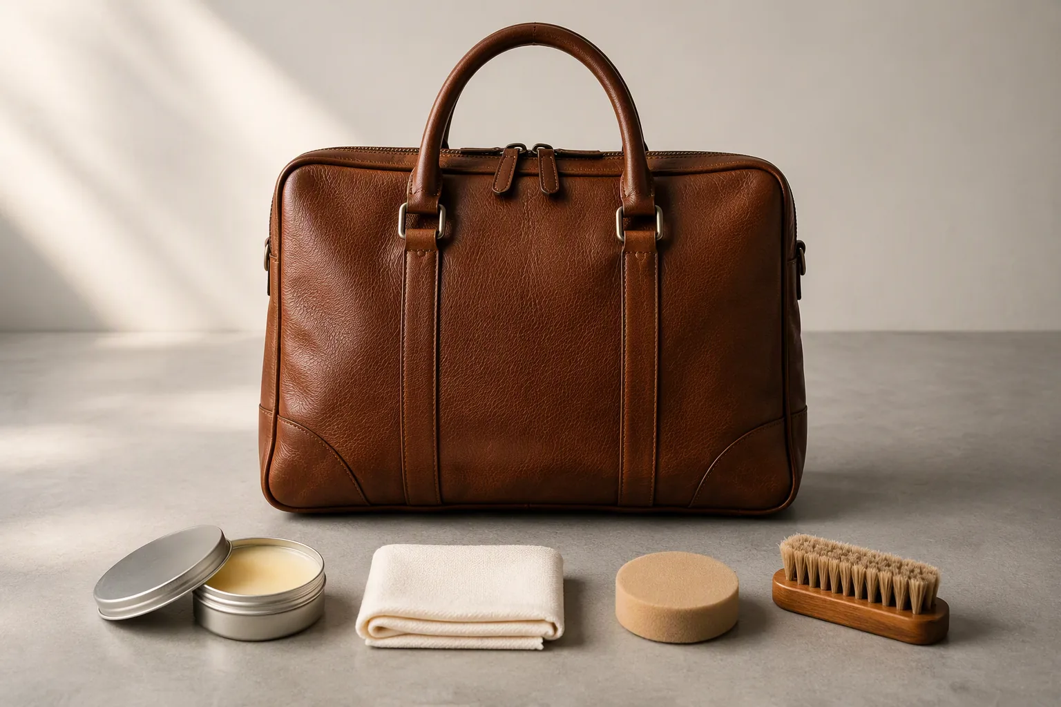 A leather bag with a care set arranged in front of it on a bench