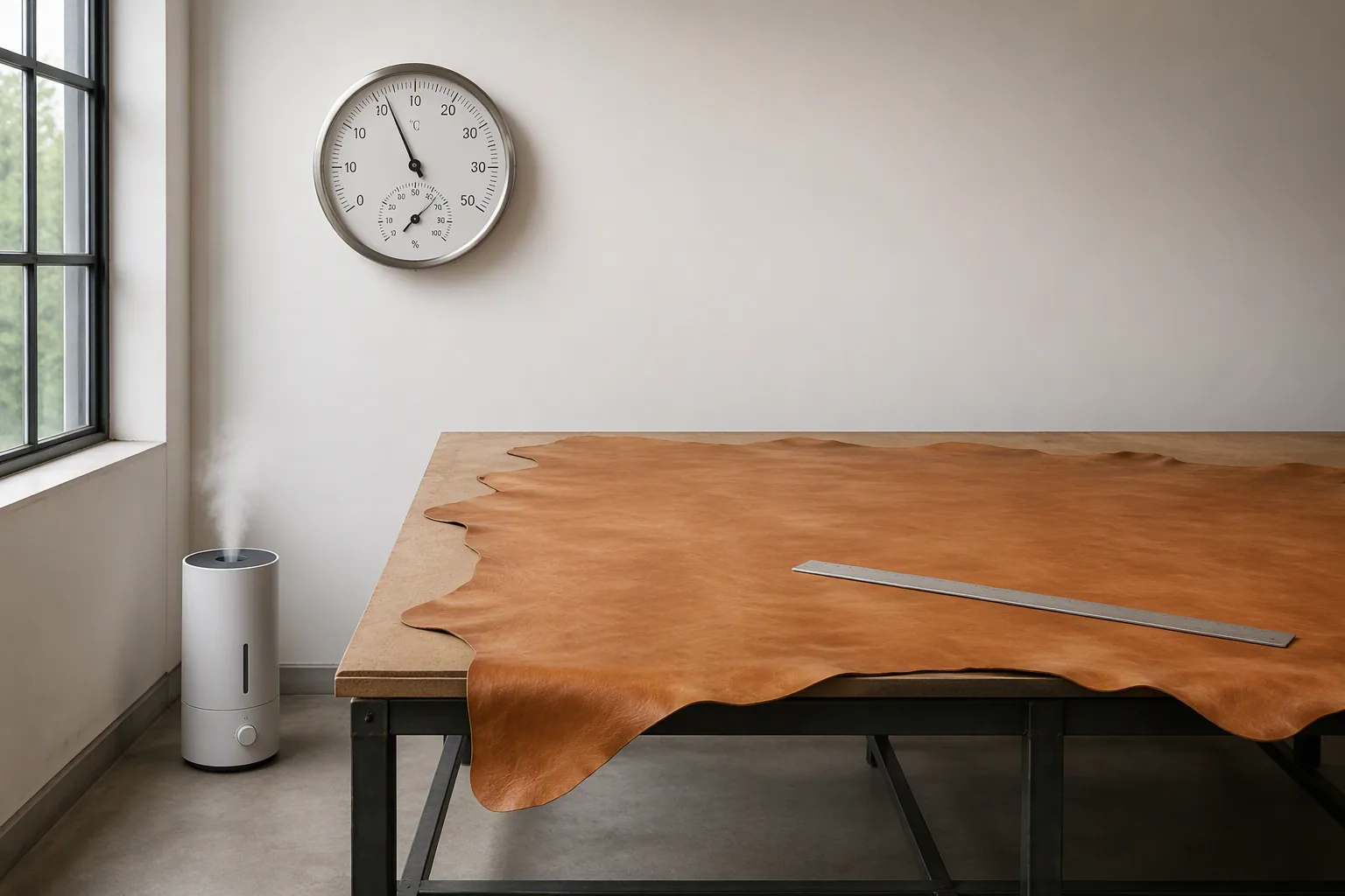 A workshop cutting table with a wall hygrometer and a leather side laid out