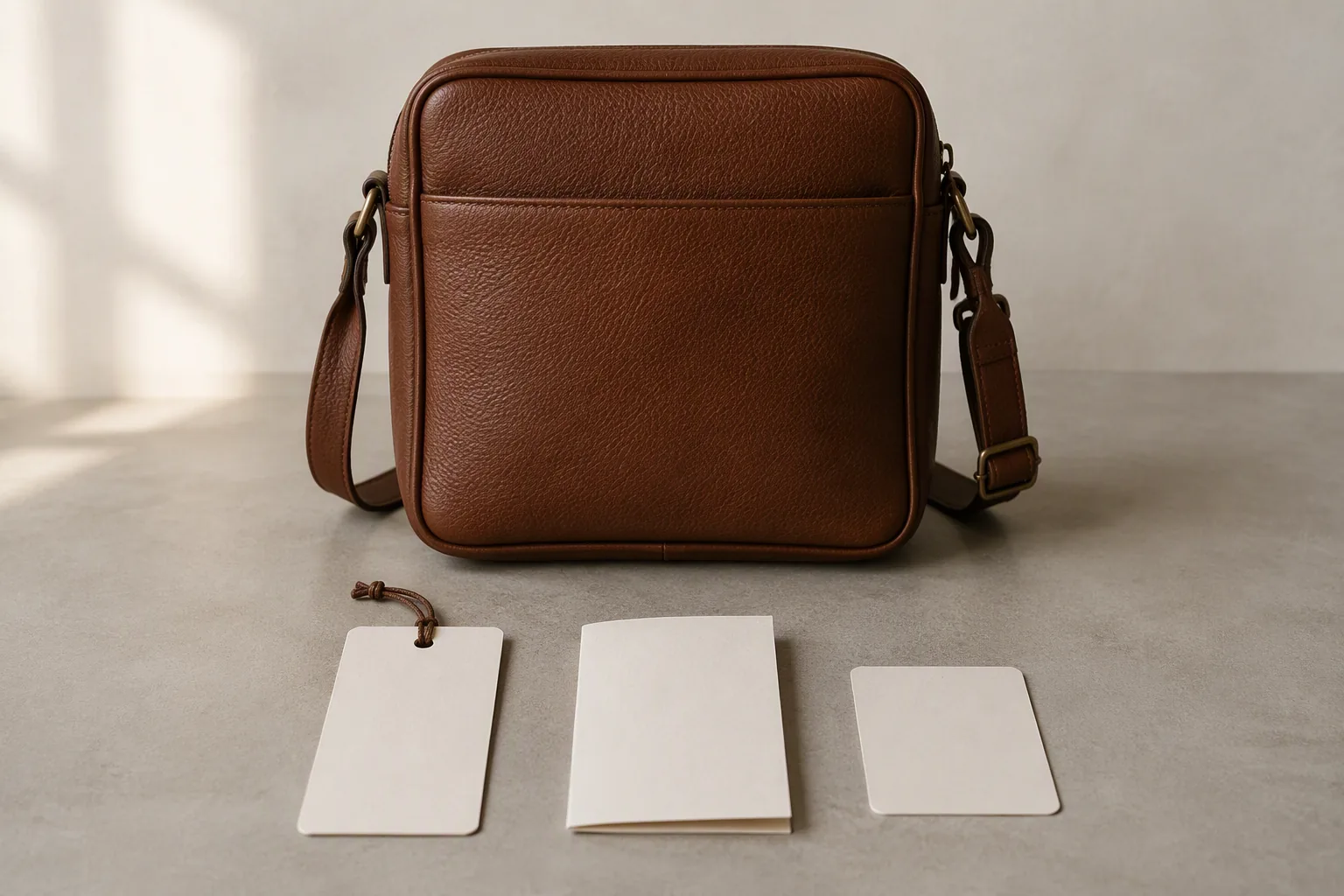 A leather bag with a blank hangtag, care card and barcode sticker laid out beside it