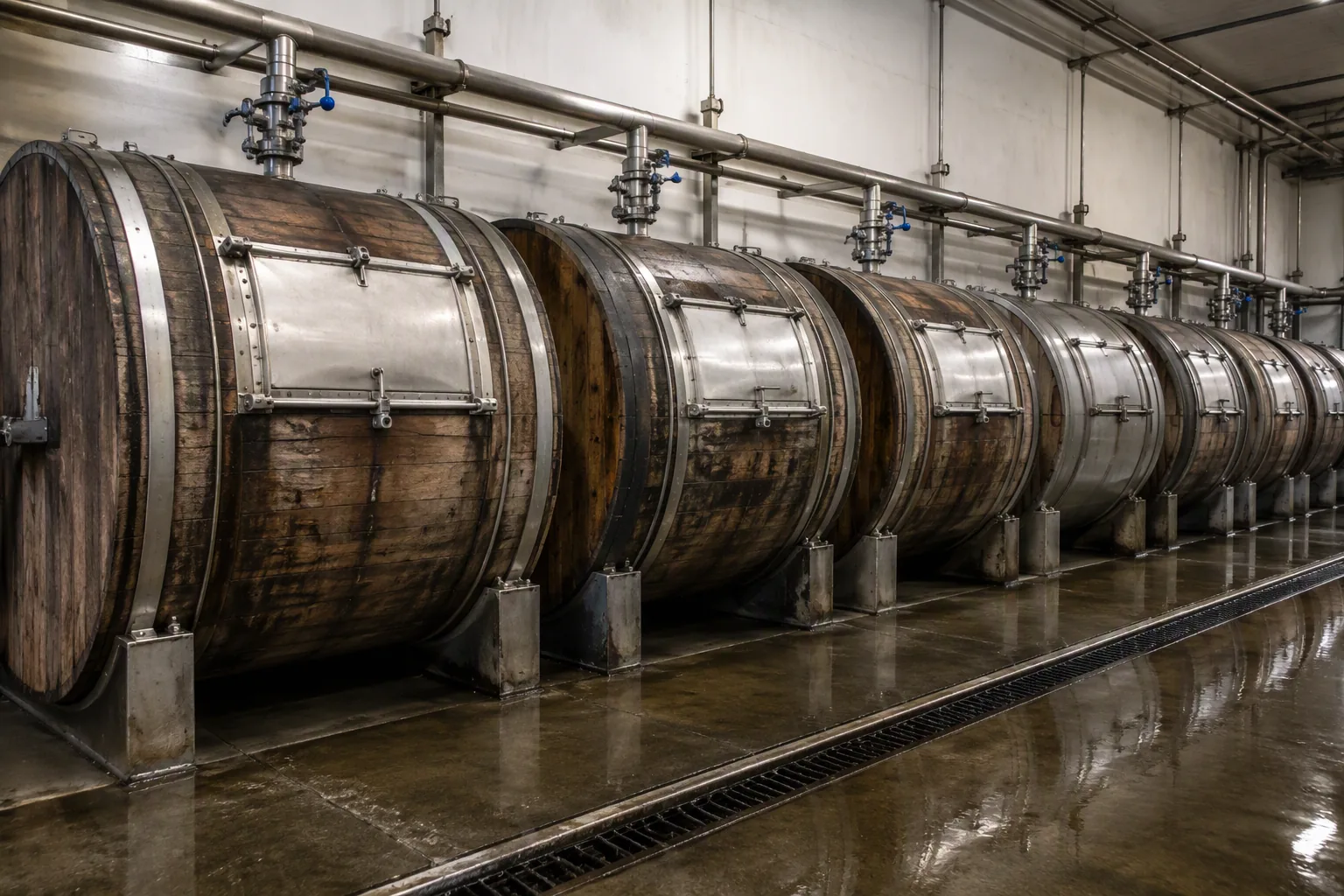 Rows of tanning drums in the wet-end area of a tannery