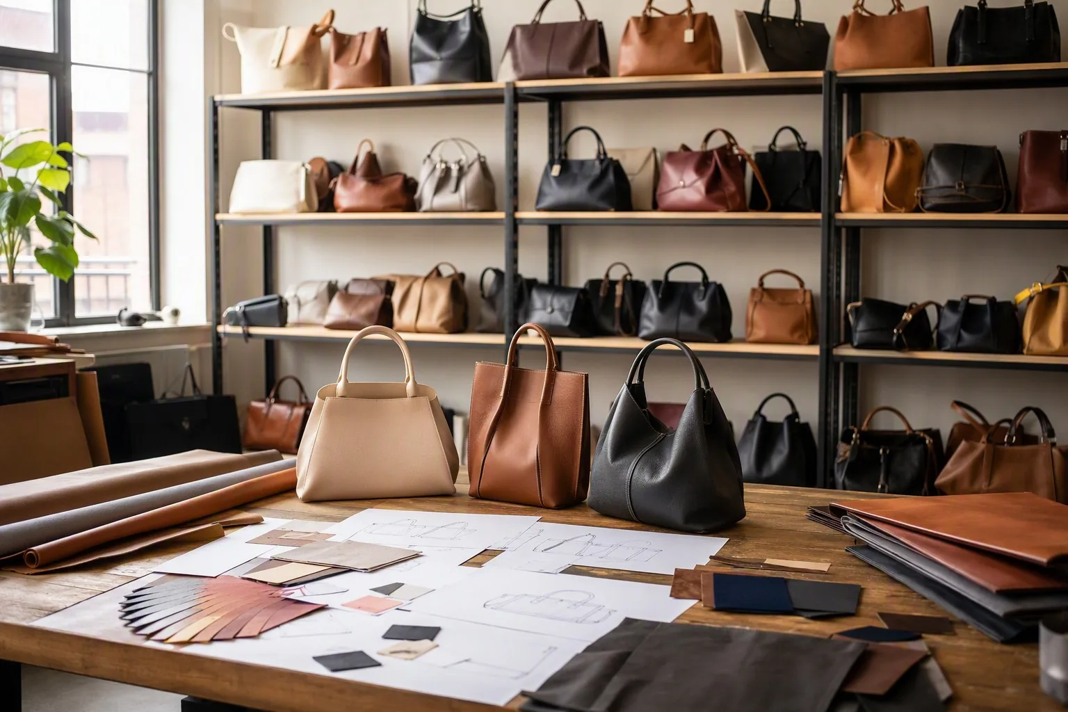 A factory sample room with leather bag prototypes, swatches and sketches