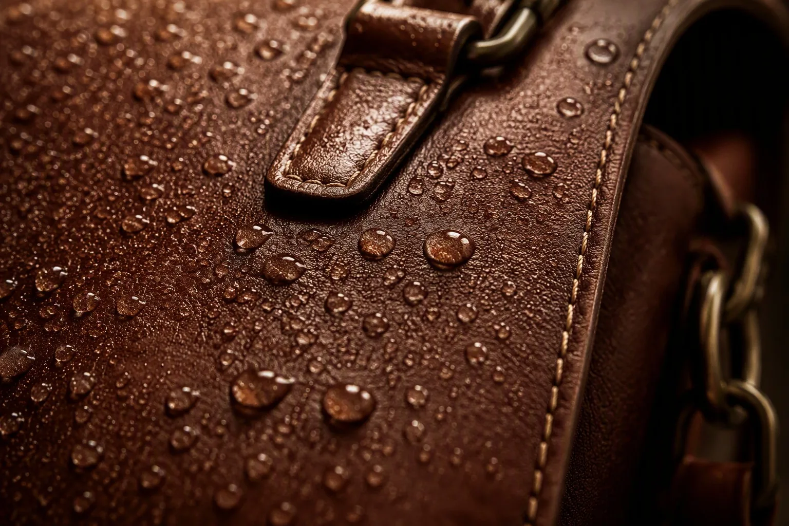 Water droplets beading on the surface of a brown leather bag