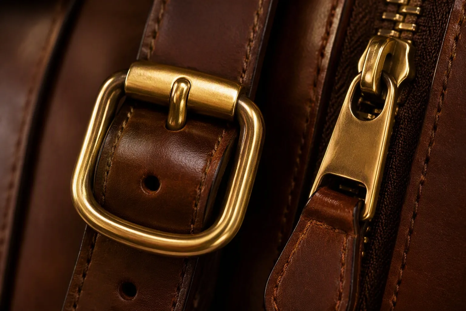 Premium brass buckle and zipper pull against rich brown leather