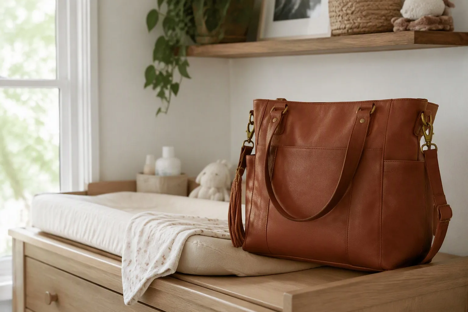 A cognac leather diaper bag tote in a nursery setting