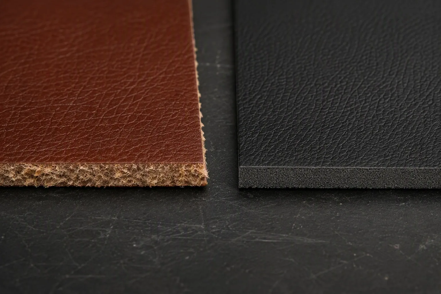 Microfiber and real leather samples with cut edges compared on a workbench