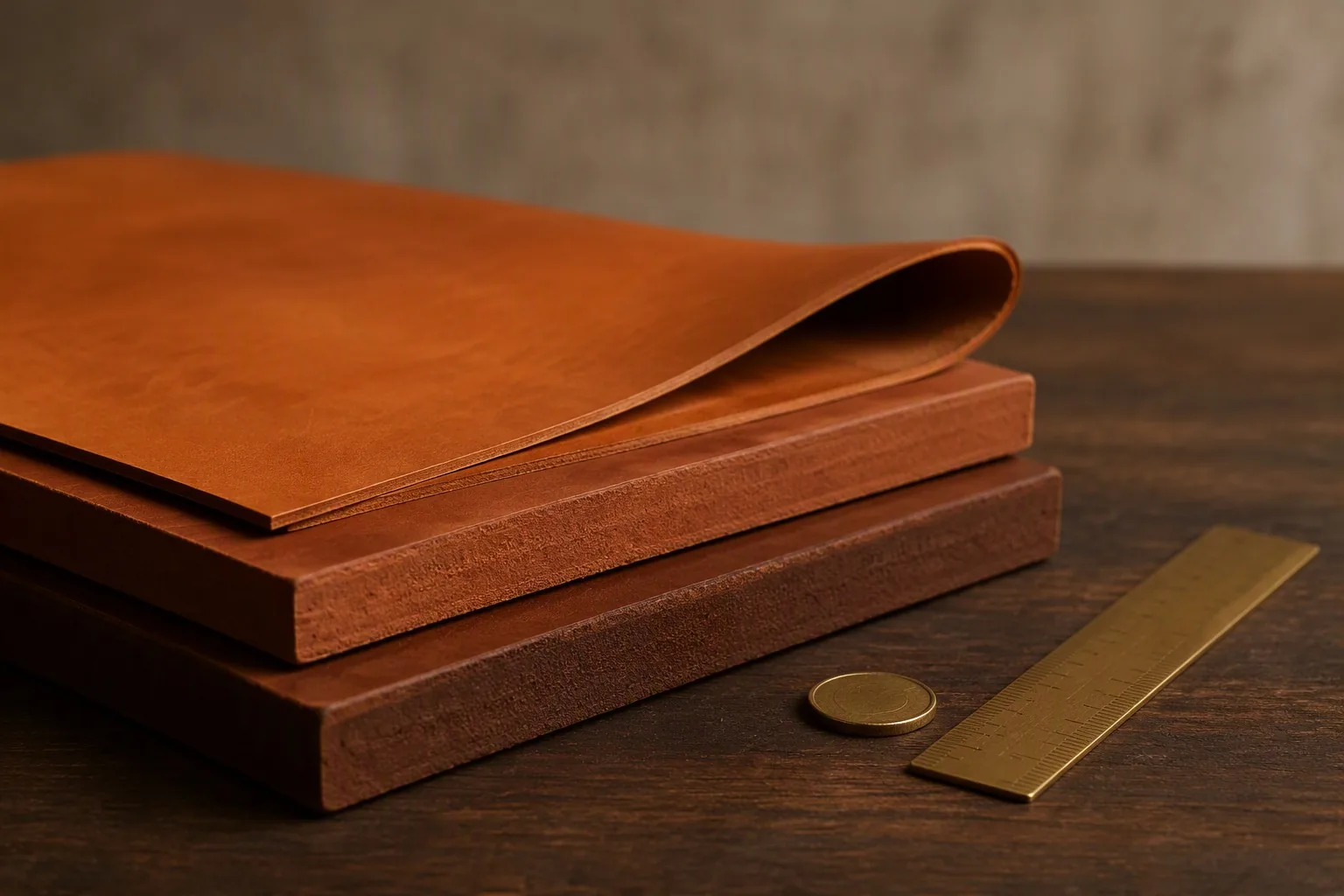 A stack of leather panels in three different thicknesses with a ruler on a workshop table