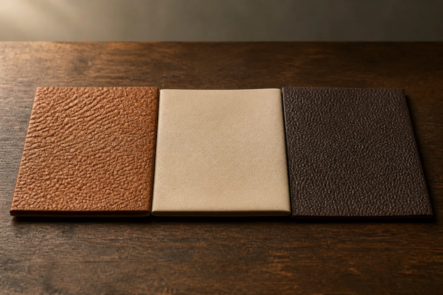 Three leather swatches side by side showing different natural grain patterns