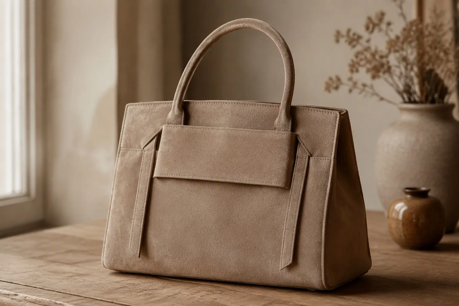 A taupe suede handbag with clean, elegant lines