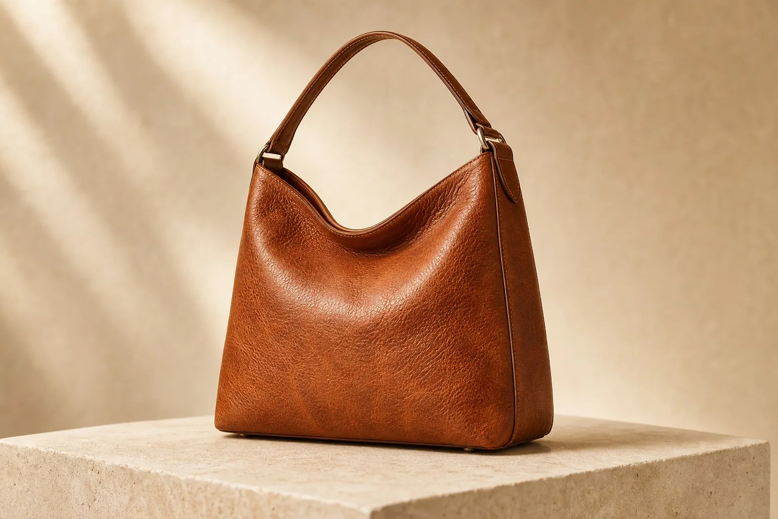 A premium full-grain leather handbag showing natural grain and surface variation