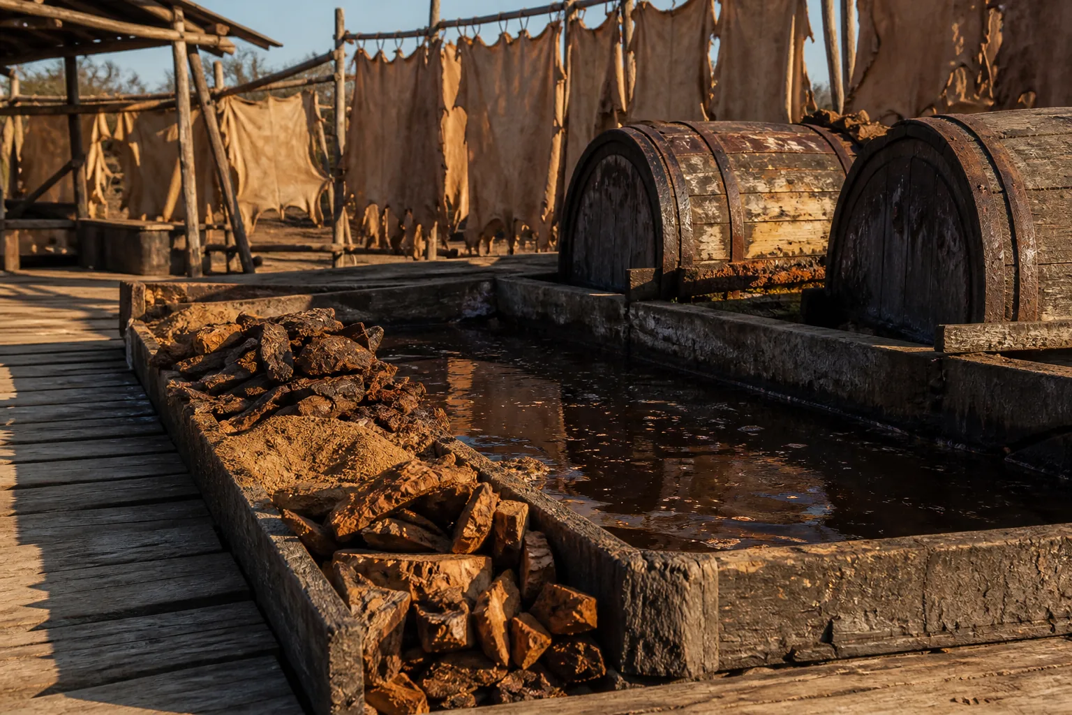 A traditional vegetable tanning yard with tanning pits, bark and drying hides
