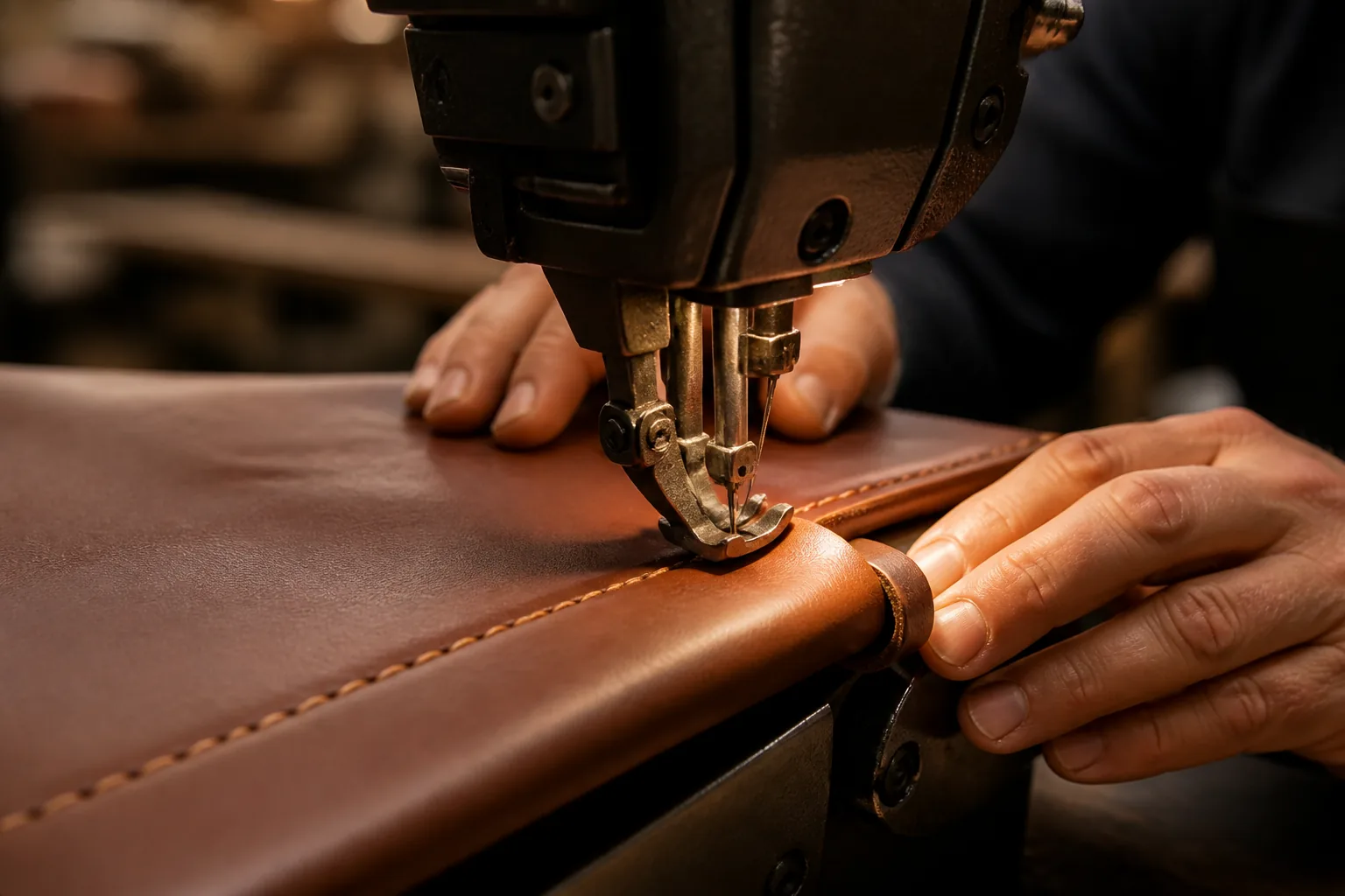 An industrial leather sewing machine stitching a thick leather panel