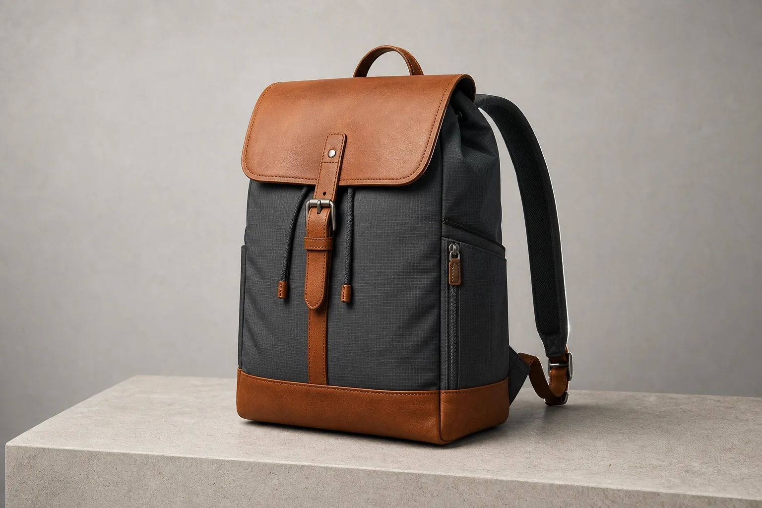 A nylon commuter backpack with tan leather trim on the flap and base