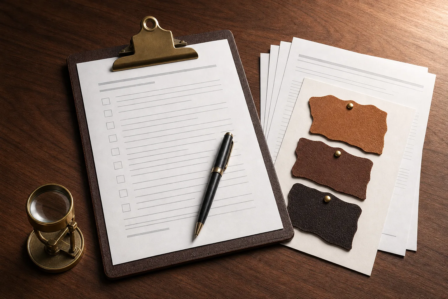 A compliance desk with a clipboard, documents and leather swatches under desk light