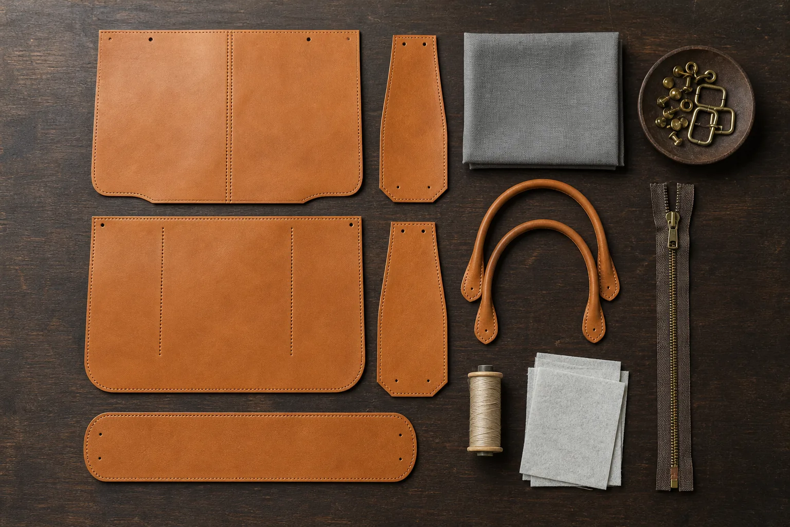 A bill-of-materials flat lay showing leather panels, lining, handles, zipper and hardware