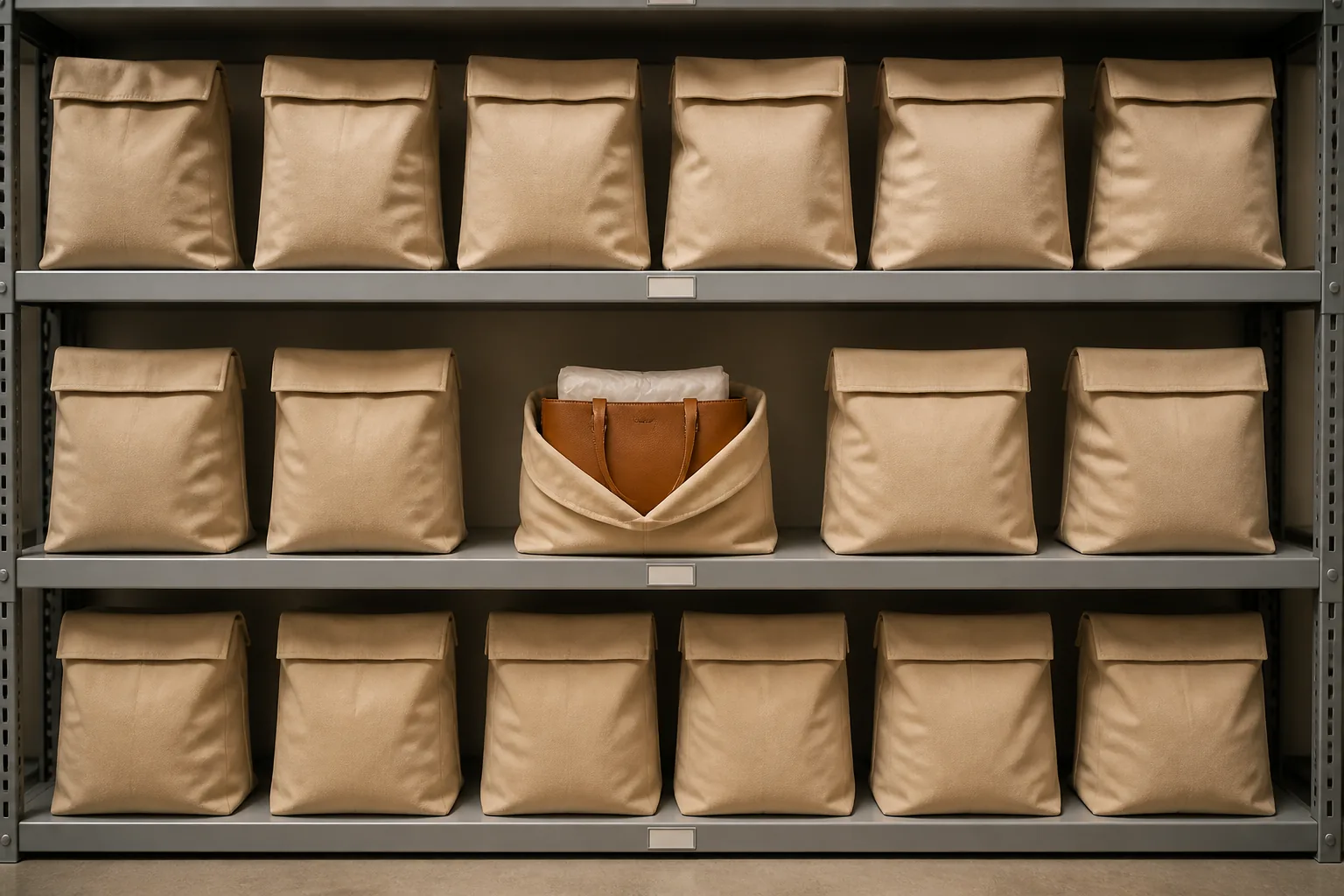 Leather bags wrapped in dust bags stored on clean shelving