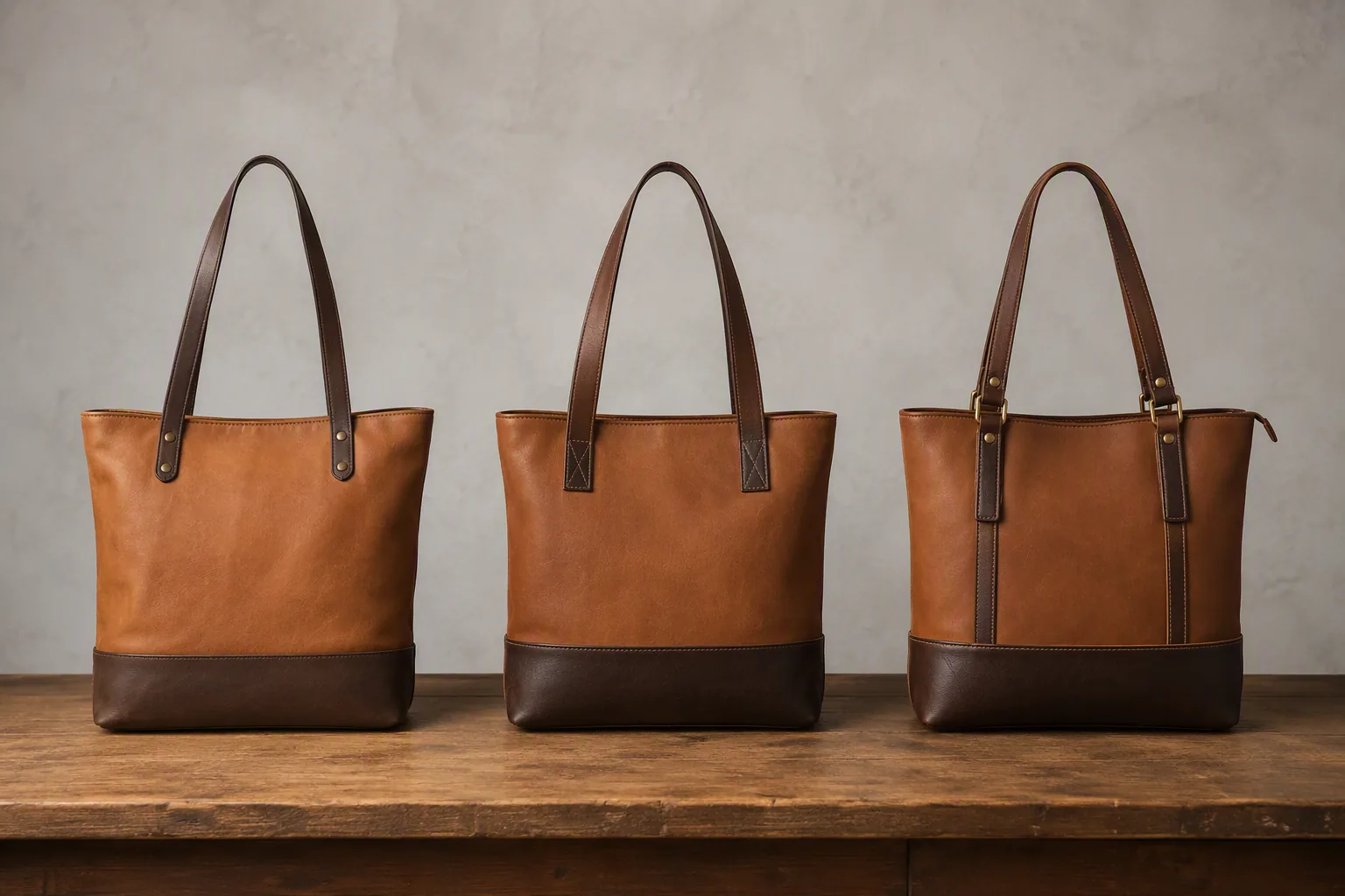 Three leather bag prototypes in a row showing development iterations