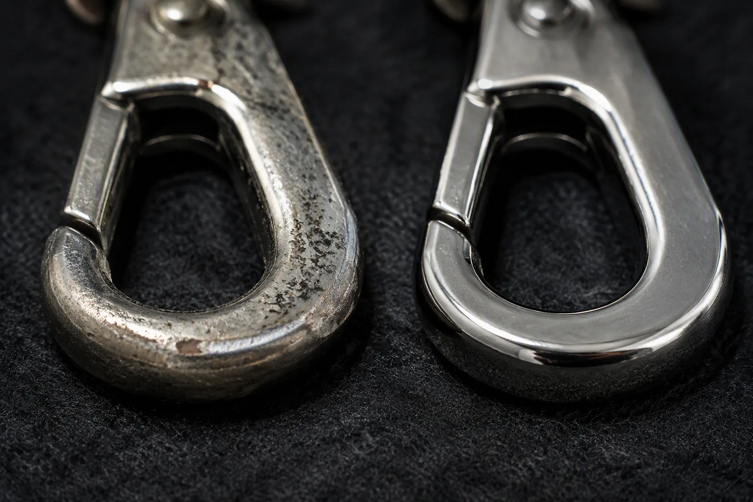 Macro comparison of worn and new metal snap hooks on dark felt