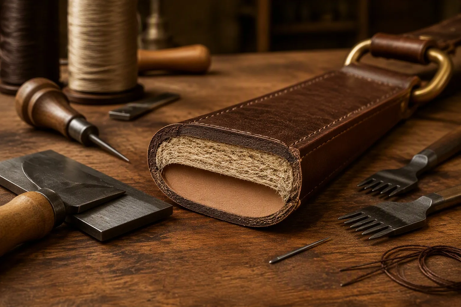 Cross-section of a strap showing its layers: outer leather, reinforcing core and inner lining