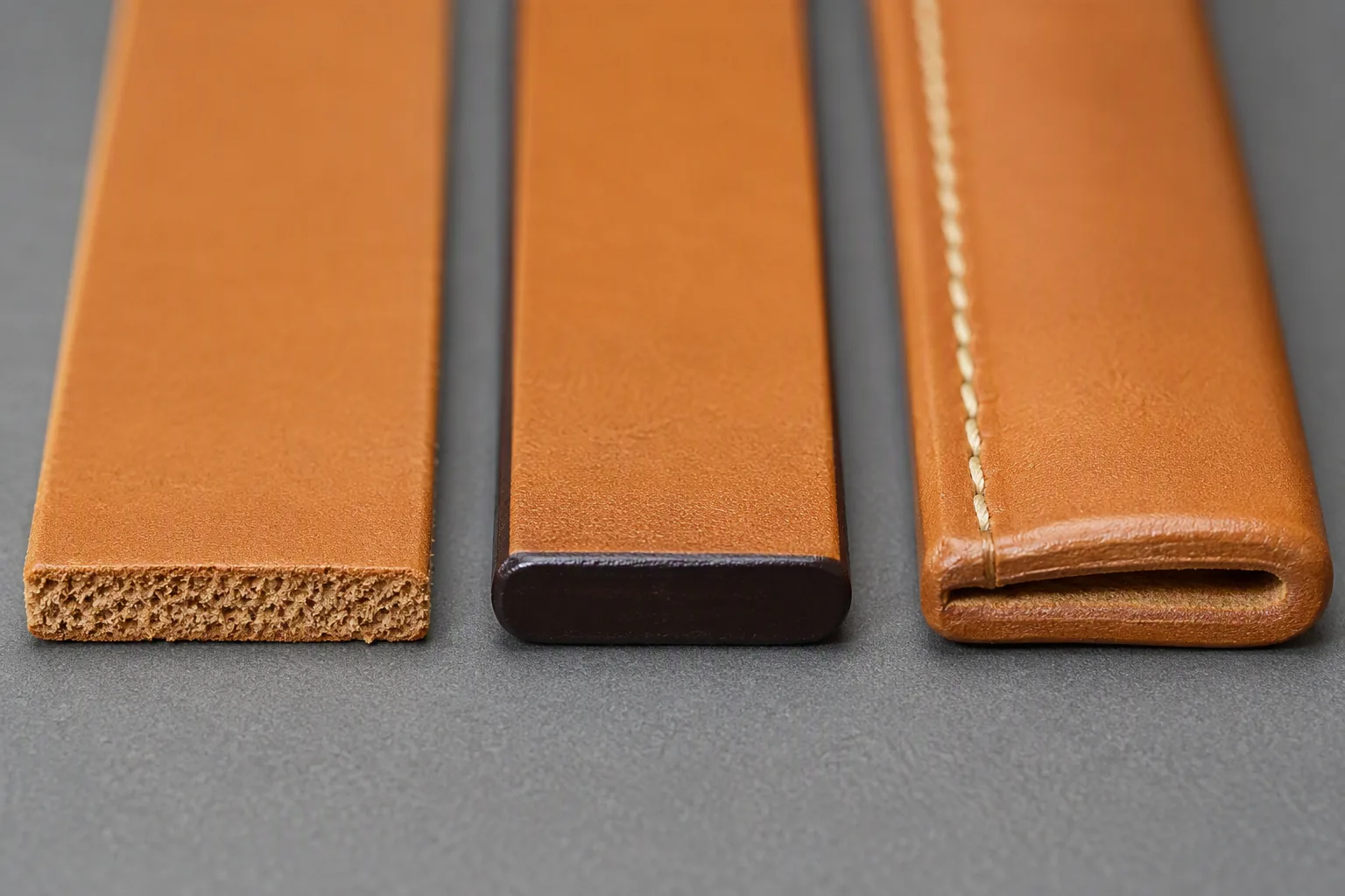 Three leather strips showing a raw cut edge, a painted edge and a folded edge side by side