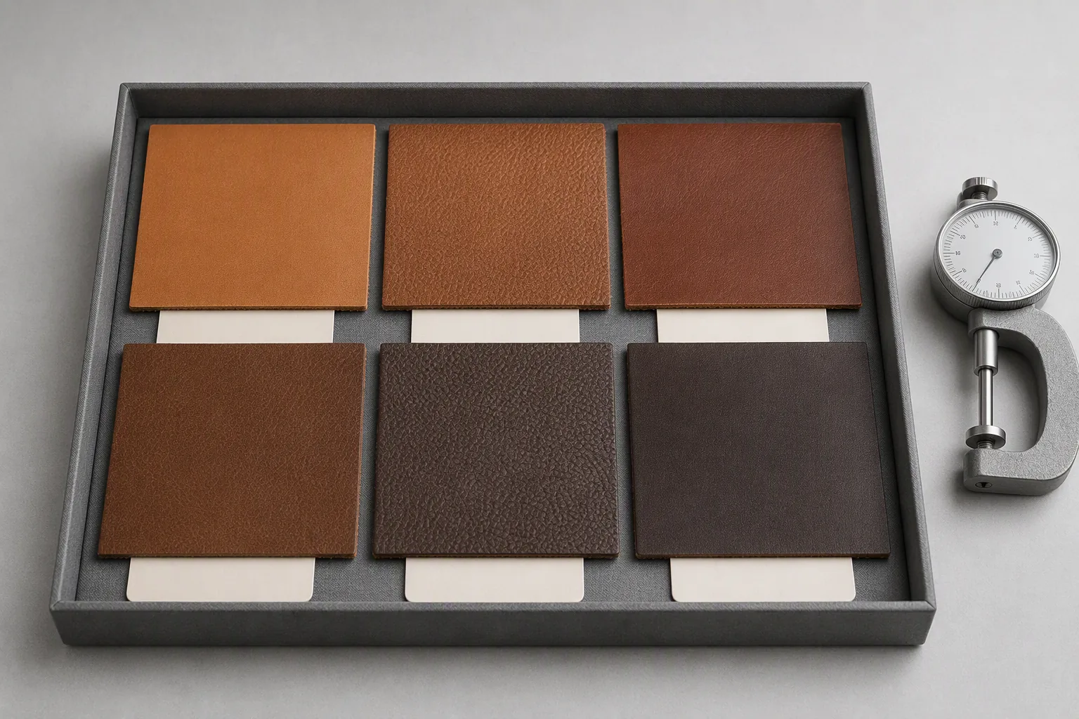 A leather swatch set in graded brown tones with a thickness gauge beside it