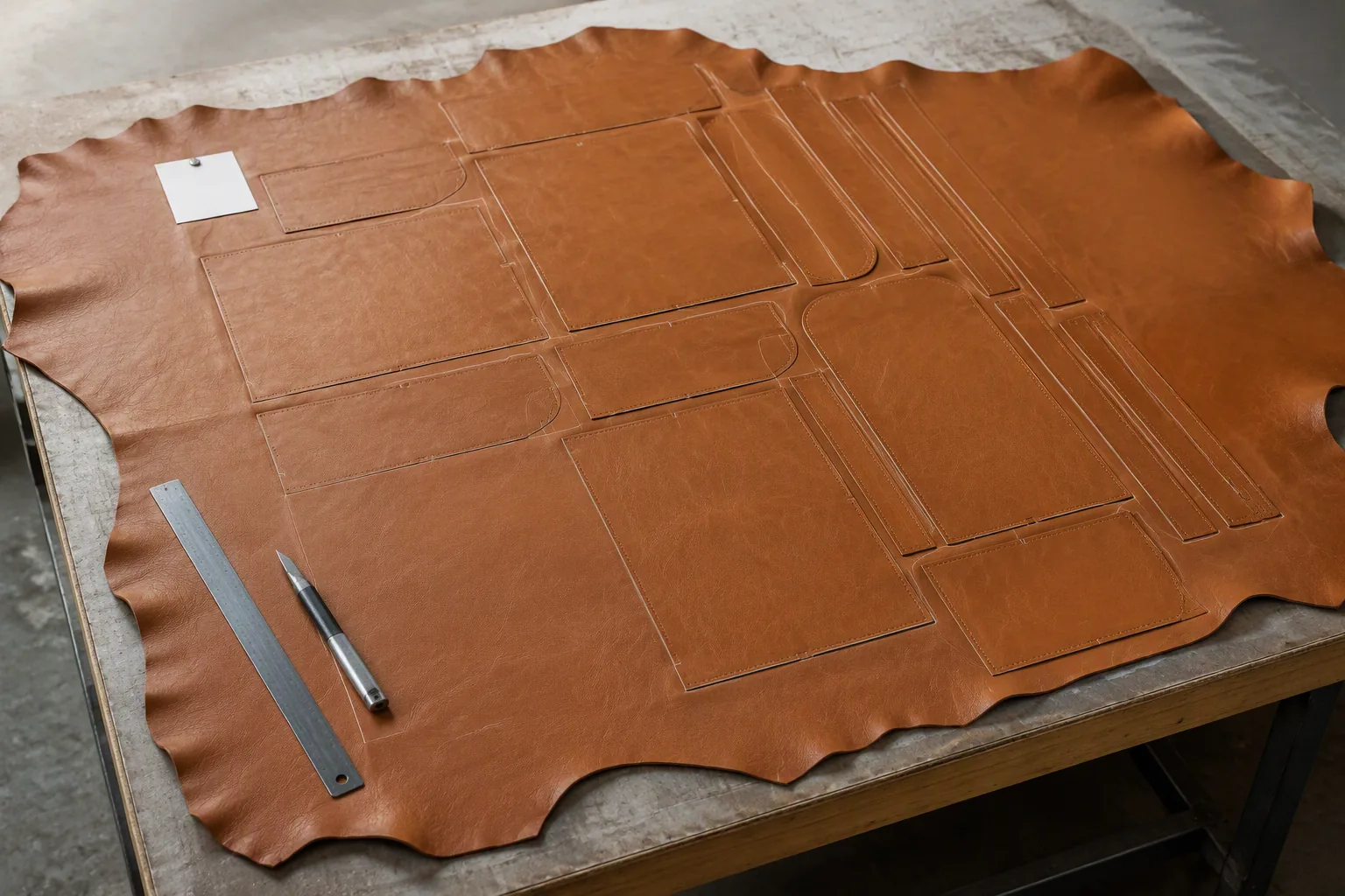 Leather bag panels cut from a single hide laid out on a cutting table