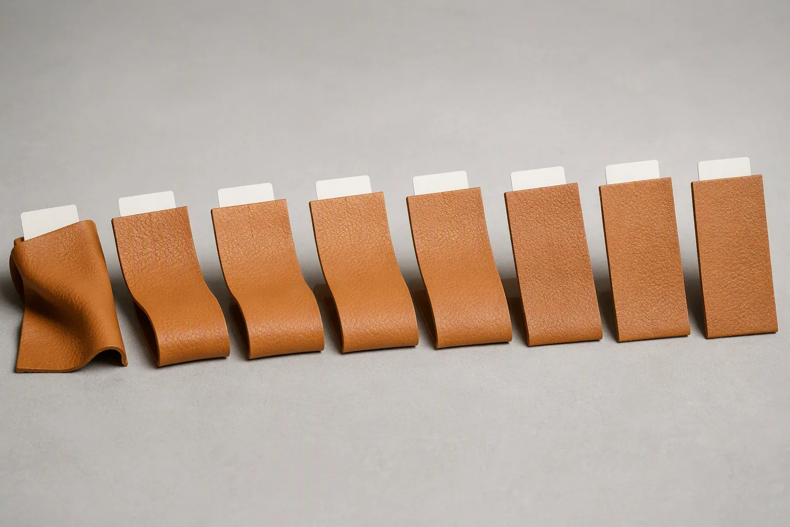 A graded row of leather swatches showing progressively firmer temper