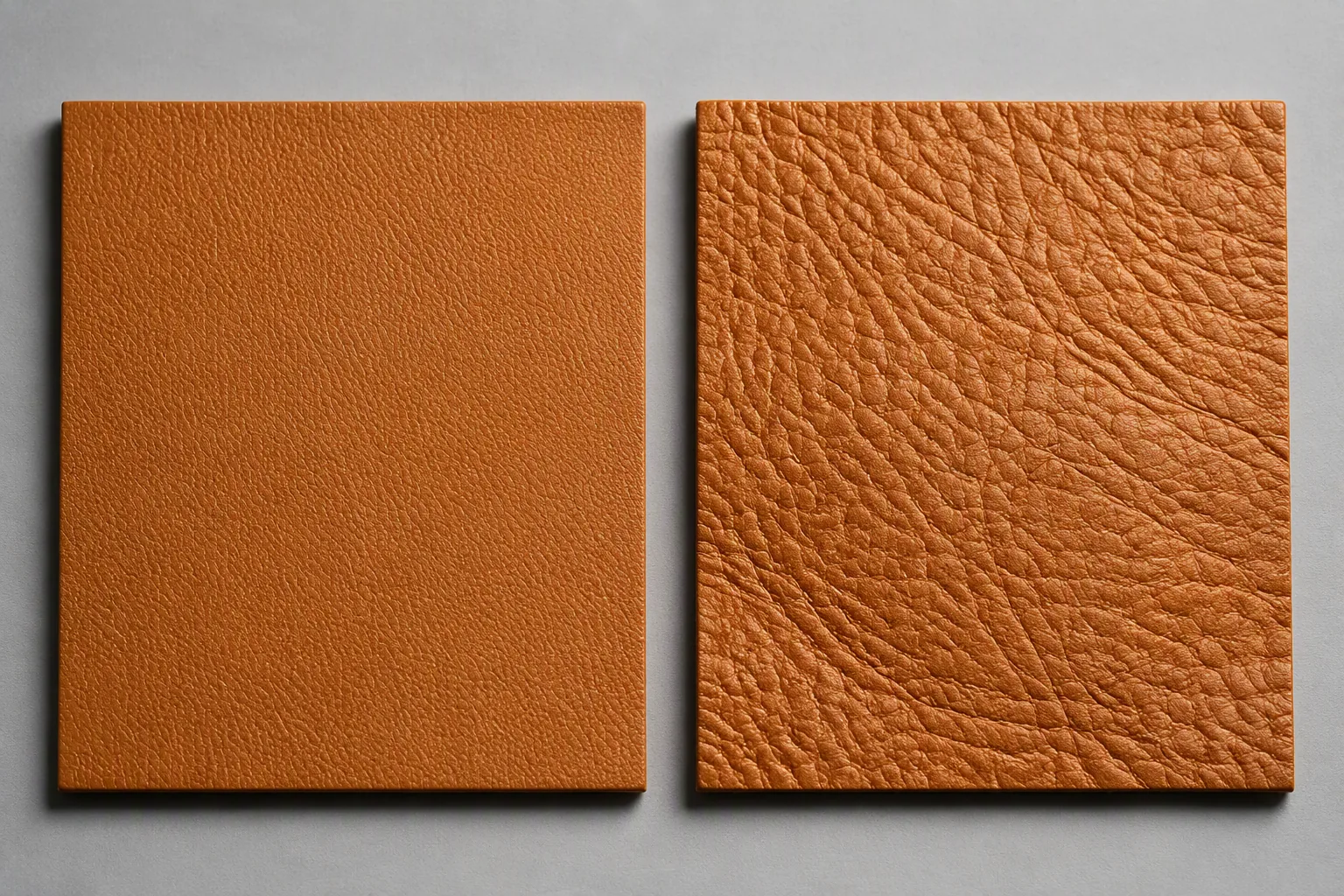 Two leather panels compared at close range, one fine and tight-grained and one loose