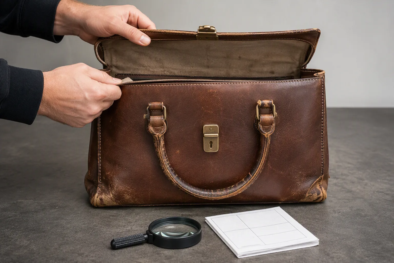 A worn leather bag being assessed at a workbench before refurbishment