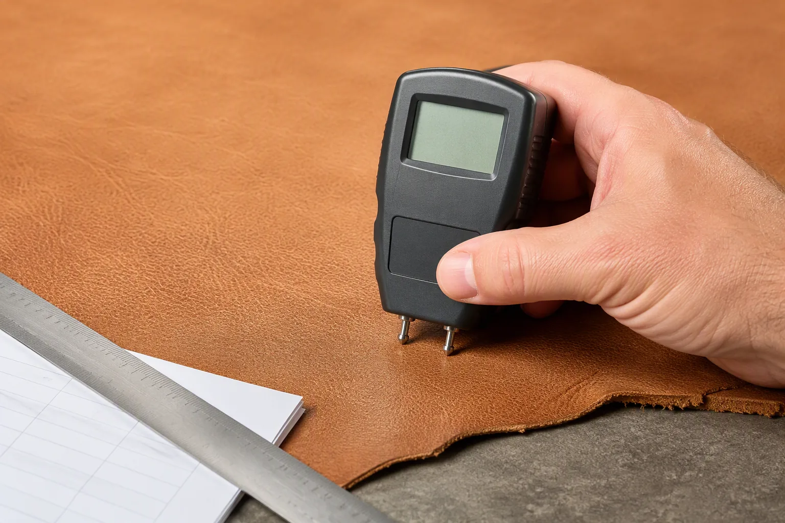 A moisture meter pressed against the grain of a leather side during inspection
