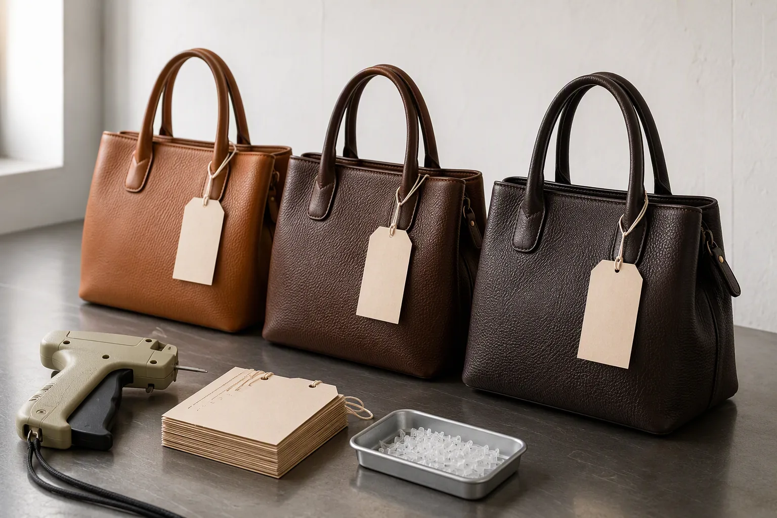 Plain hangtags being attached to finished leather bags at a labelling station