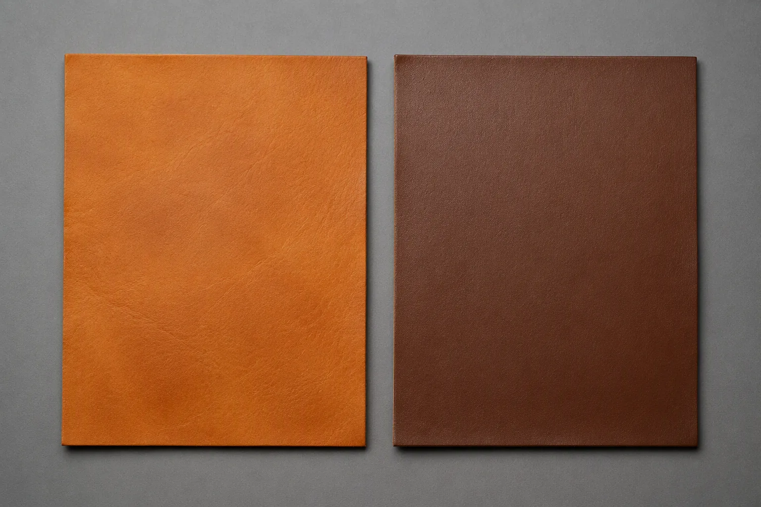 Two leather panels side by side comparing natural vegetable-tanned and evenly dyed chrome-tanned tones