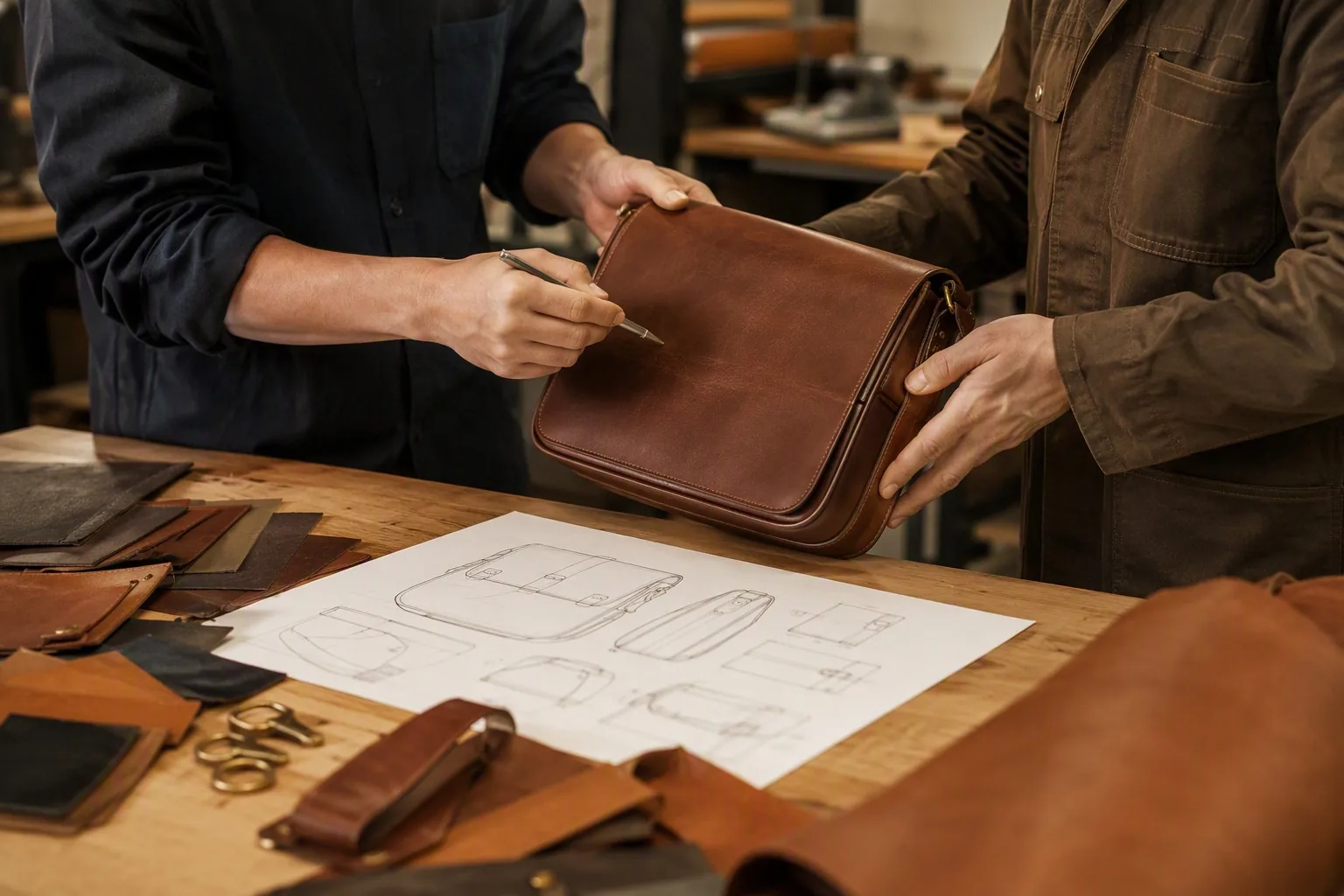 A designer and factory technician reviewing a leather bag prototype with a technical drawing