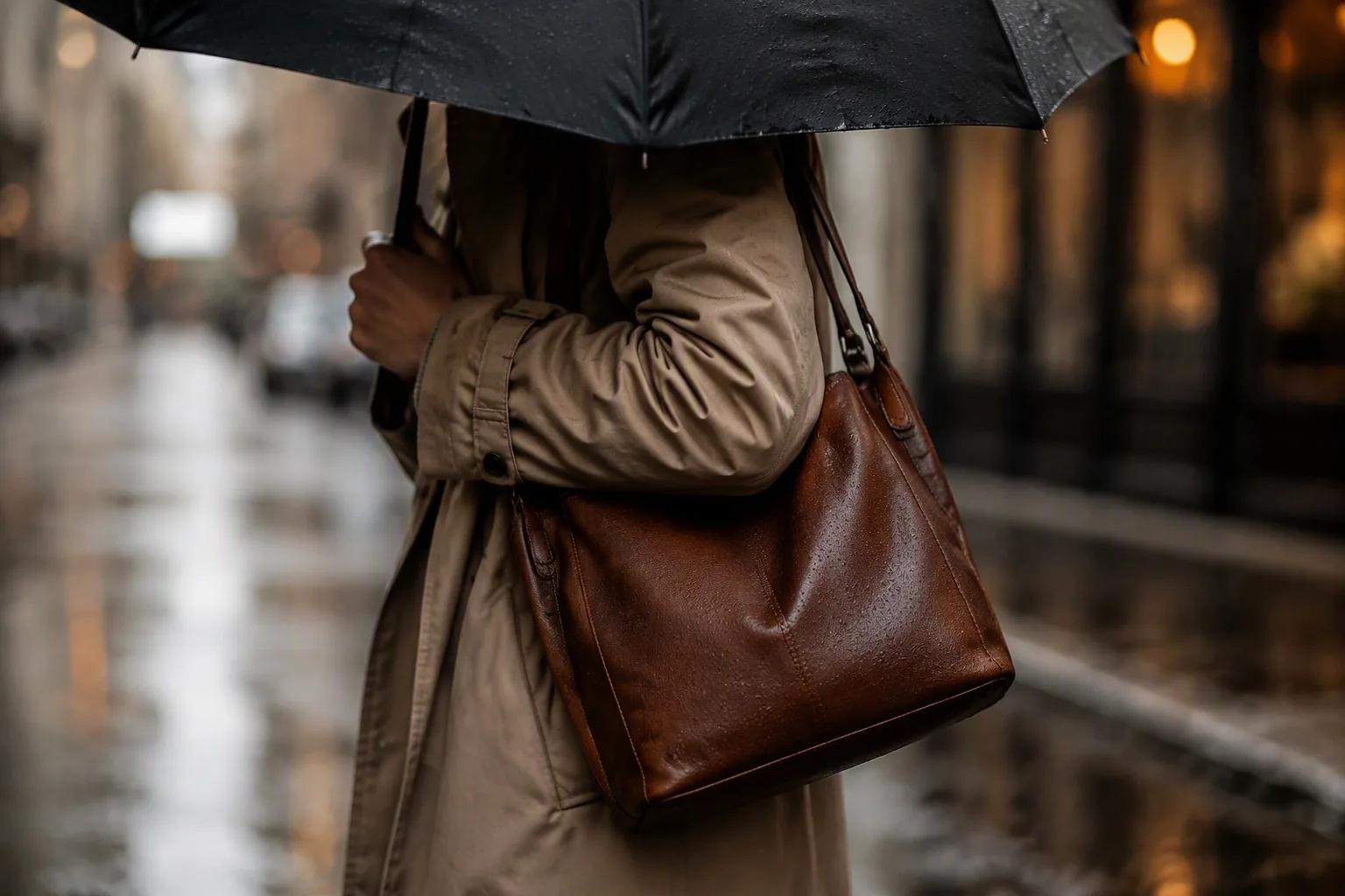 A leather bag carried under an umbrella in light rain