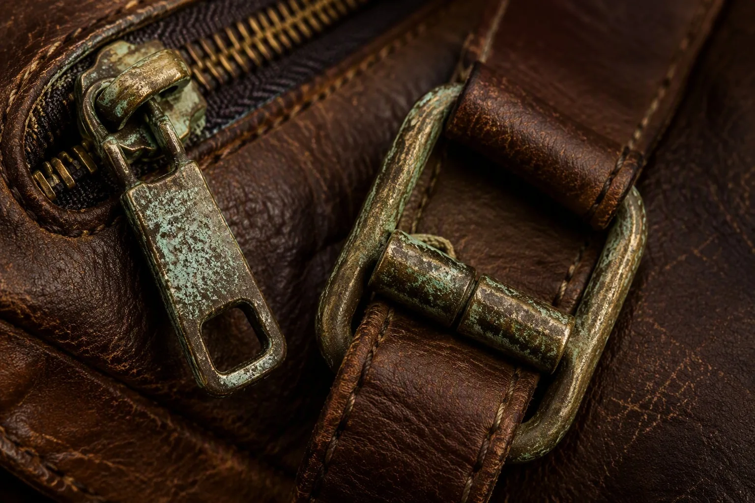 Tarnished zipper pull and buckle showing oxidation against leather