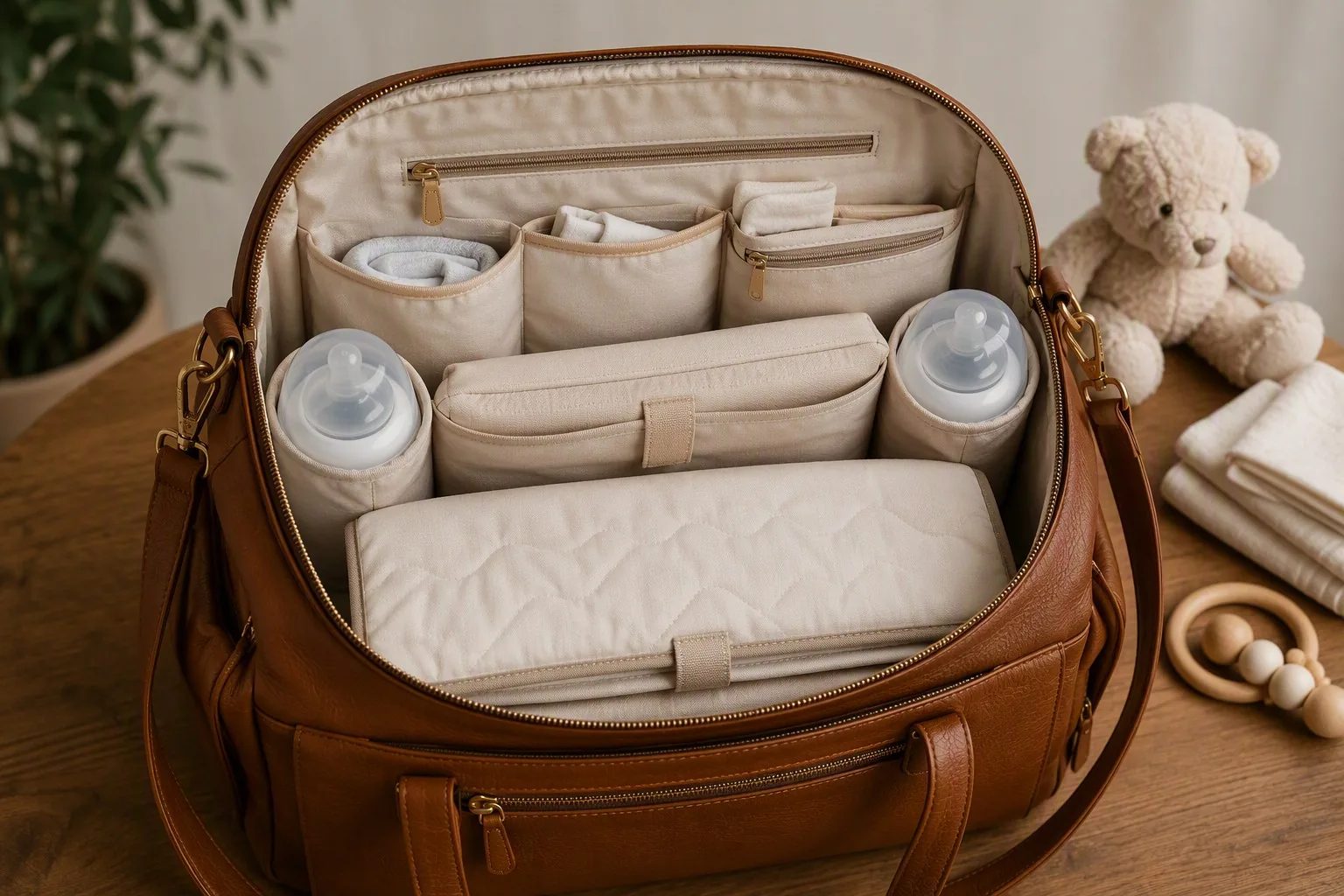 Open leather diaper bag showing organized interior with bottle pockets