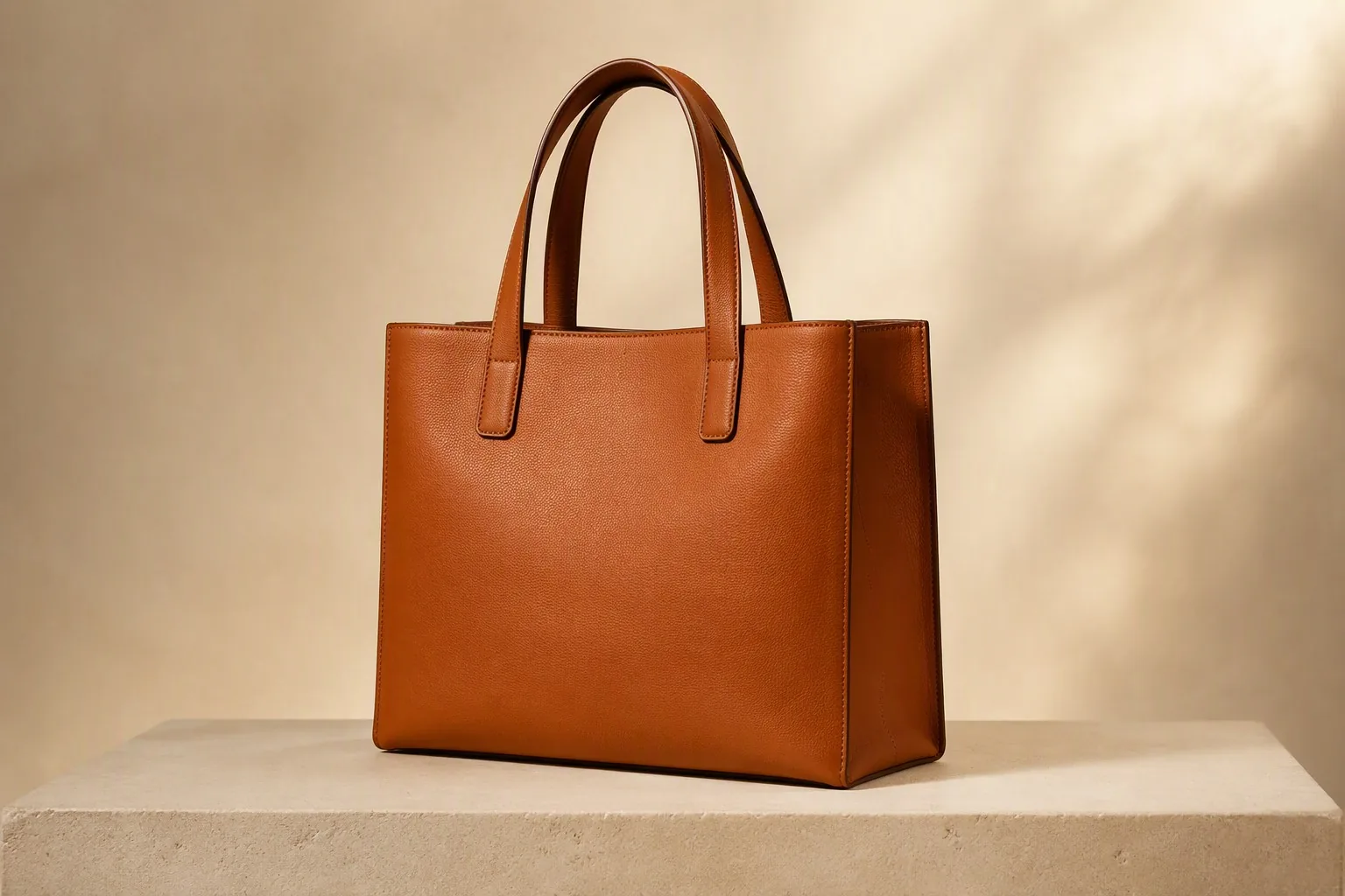 A structured leather tote bag holding a firm shape
