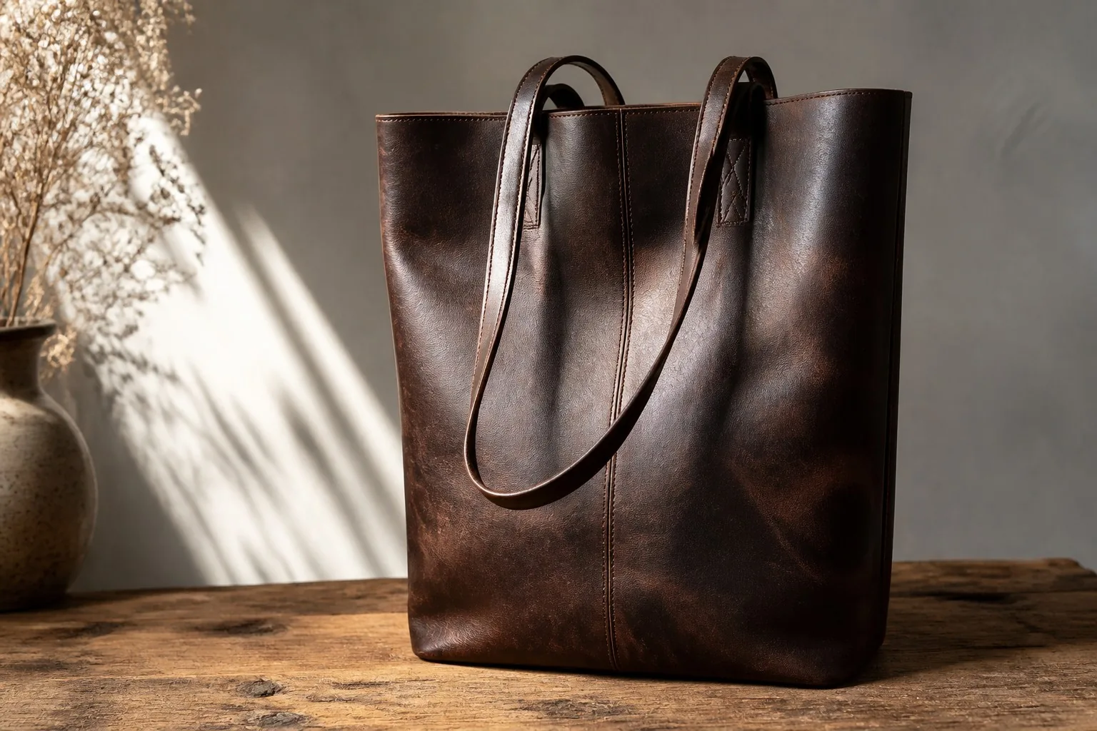 A pull-up leather tote bag with its characteristic deep, shifting color and rustic sheen