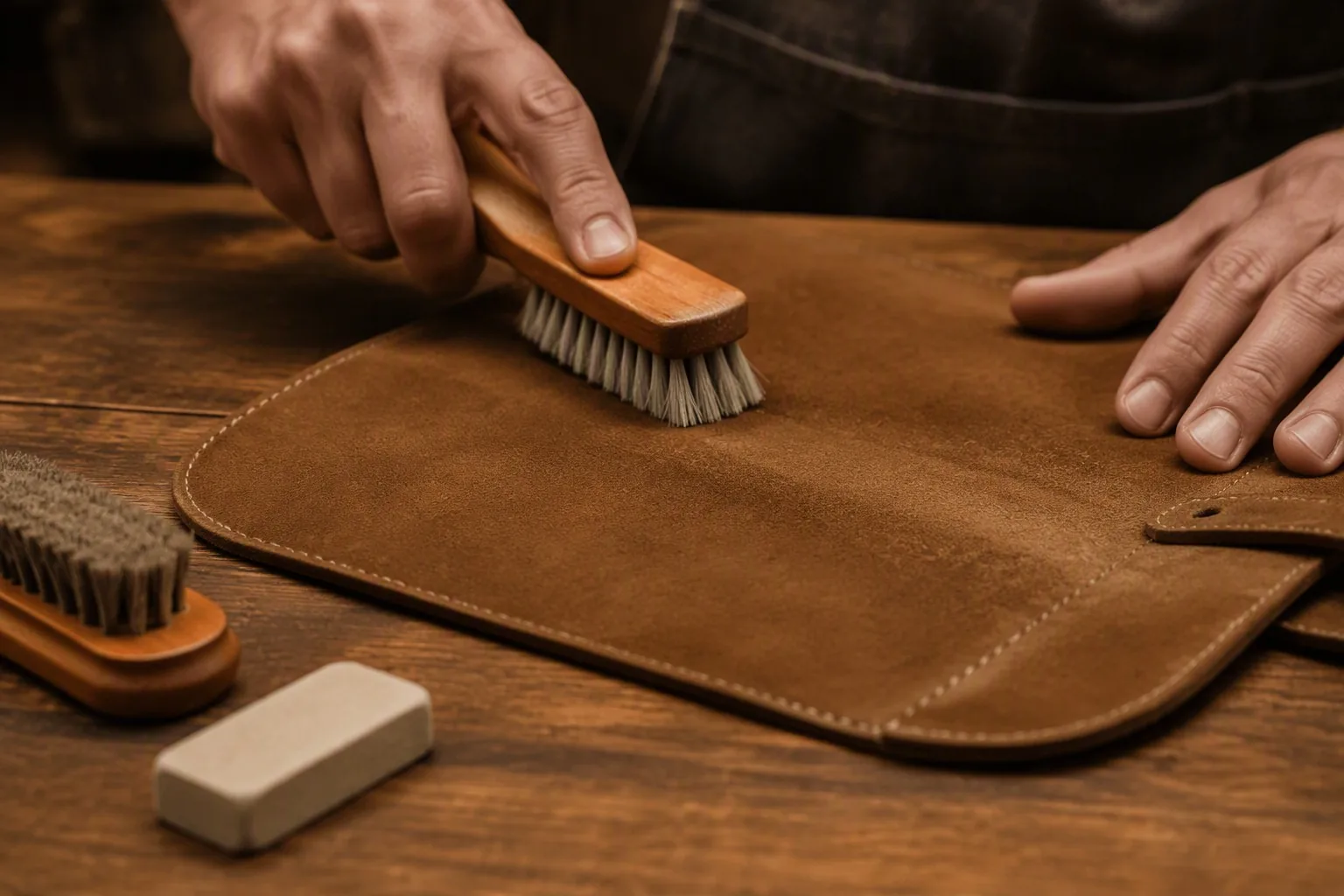 Brushing a suede panel with a soft suede brush to lift the nap