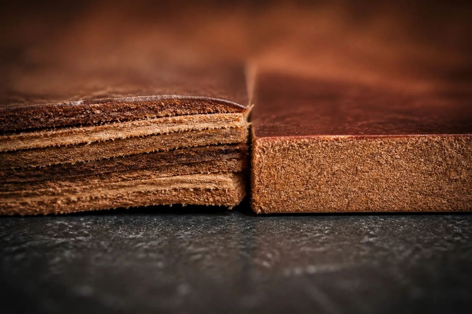A magnified leather cross-section showing the layered structure of a composite edge