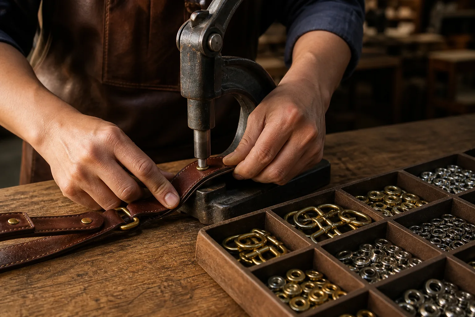 A worker setting a metal rivet into a leather strap with hardware laid out
