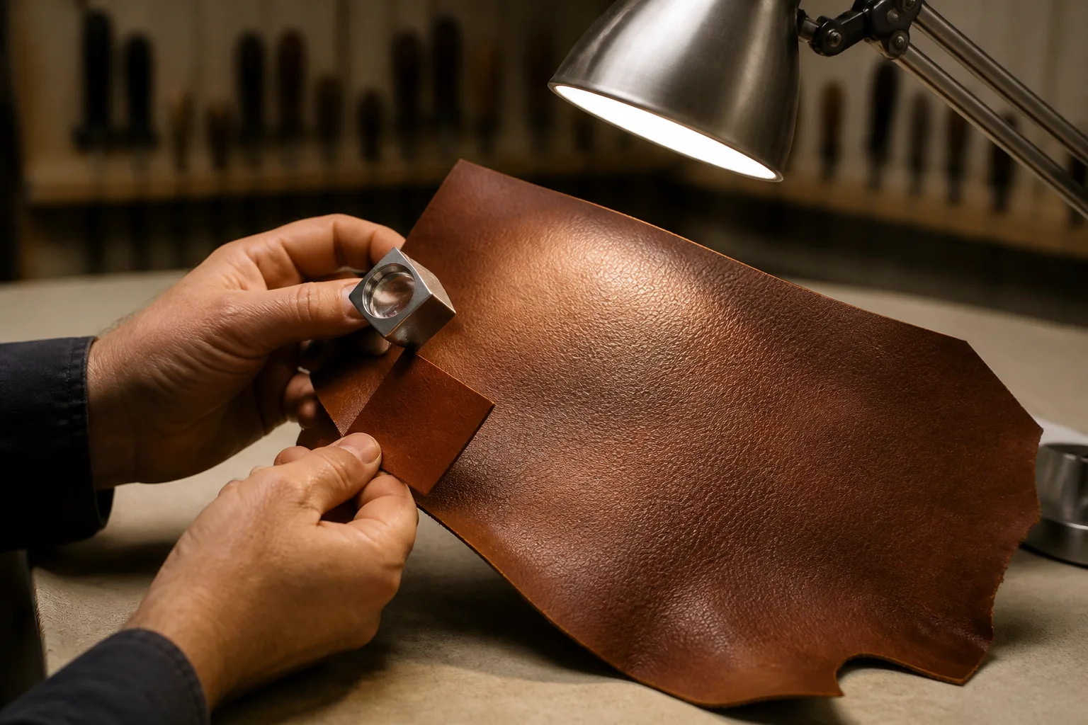 An inspector comparing a leather panel against a reference swatch under a task lamp